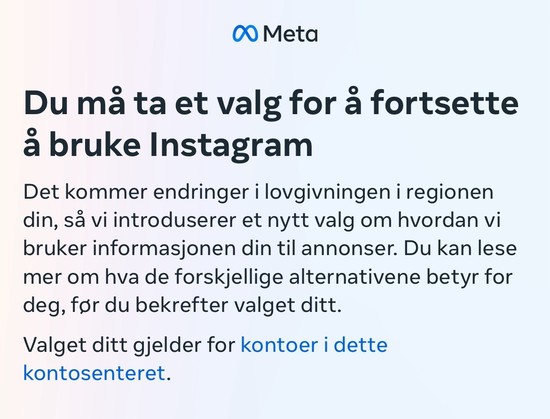 Skjermdump fra Metas ultimatum på Facebook og Instagram