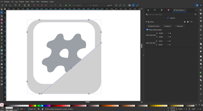 An open Inkscape document, where there are two symbols. One is a warped pound sign with round edges, which is achieved by using the BSpline path effect and the oe in focus is a keyboard button like shape, that has a line diagonally from the lower left up towards the uppper right, which is also a path effect called Slice that creates a line that the shape fills, negating the need to create new path nodes and adjust them accordingly

This illustrates how using Path Effects in #Inkscape can save loads of time and be a boon to anyone who does any in-depth illustration and design.