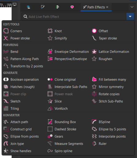 The Inkscape Path Effects list. They are categorized as editing/tools, warping, generating, converting.

For instance, the "Tiling" tool under "Generate" allows you to easily generete tiles out of one path. The "bounding box under "Convert" allows you to create a bounding box around a path. Under "Wrap" you have for instance "Lattice Deformation", which will deform a path based upon a lattice grid.  