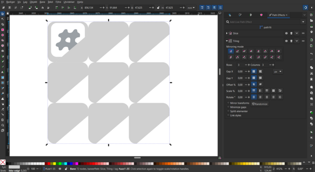 An Inkscape document, where a path has the "Generator" effect "Tiling" applied. It then copies said shape in a grid of 3x3. On the right side of the screen you can see the many options the effect has, showing that it can be used for advanced tiling and symmetric alignment. 