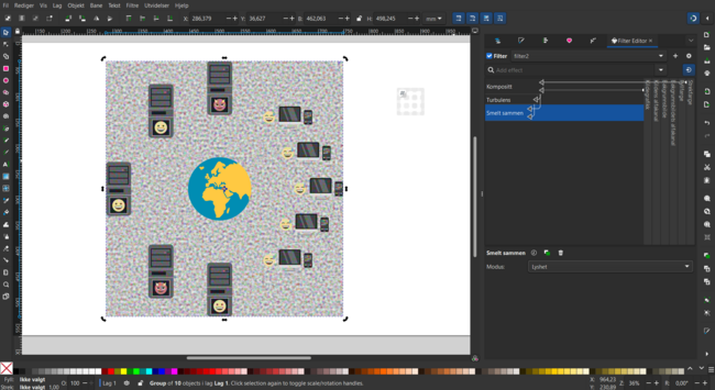An open Inkscape document where the previous illustration of a globe surrounded by both good and bad servers, as well as the users with their displays and phones, as illustrated by emoji faces.

Our focus on the right, where the Inkscape "Filter Editor" is open. We see that a filter has been applied, where by the output of the line colours and the outputted graphic thereof are merged in a composite filter set to "Lighter", which feeds into a "Turbulence" and "Meld" effect, causing a weird distorted - almost deep fried - illustration in the actual document.

I will admit, I still don't know exactly what it is doing. But hey, you can filter pixels that vector outputs. Technically it's an SVG filter, which is probably something that requires learning to understand the machenations of the "Filter Editor".