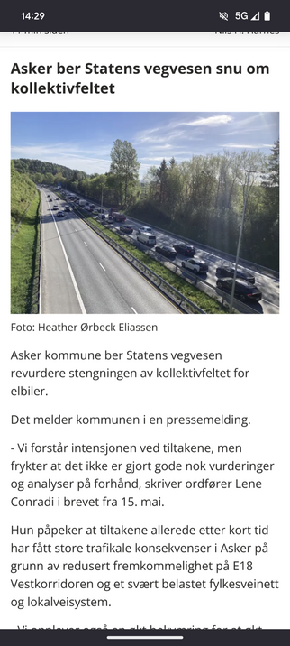 Asker ber Statens vegvesen snu om bruk av kollektivfeltet for elbiler.
