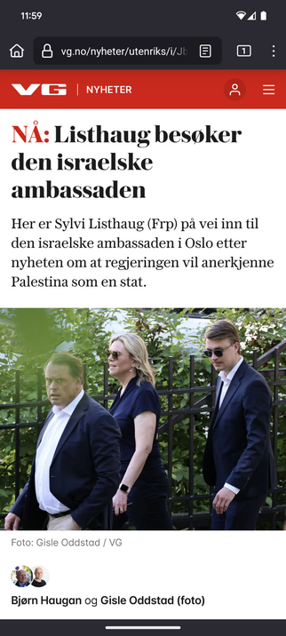 Bilde av Sylvi Listhaug som besøker den israelske ambassaden