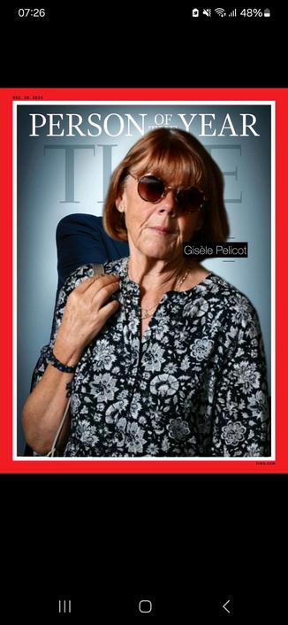 Picture is showing Times Person of the year as  Gisèle Pelicot - she is the French woman at the centre of the Mazan mass rape case. From 2011 to 2020, her husband, Dominique Pelicot, covertly drugged and raped her and also invited men he had contacted on the internet to rape her while she was unconscious. 