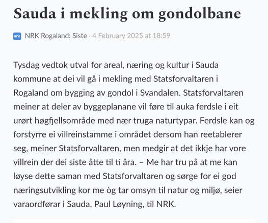 Sauda vil byggje gongolbane, på bekostning av mogleg villrein?