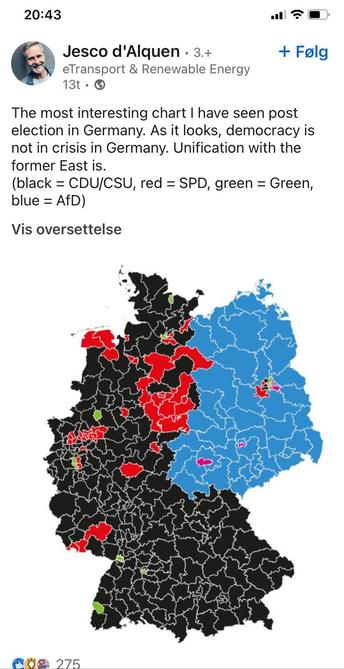 Kart over Tyskland som viser at AfD-velgerne holder til i gamle øst-Tyskland. Post fra LinkedIn som sier: The most interesting chart I have seen post election in Germany. As it looks, democracy is not in crisis in Germany. Unification with the former East is.
(black = CDU/CSU, red = SPD, green = Green, blue = AfD)