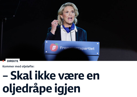 NRK-forside om FrP, hvor Listhaug "Kommer med oljeløfte:
– Skal ikke være en oljedråpe igjen"
