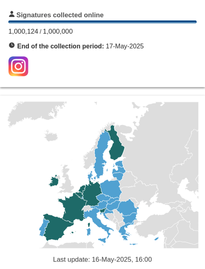 Screenshot showing over 1 million signatures and 8 countries over the threshold, at 16:00 