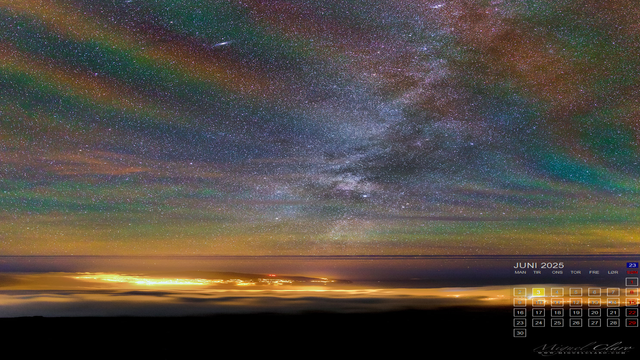 Desktop background made from todays images from NASA and norwegian calendar in the buttom right corner. The Nasa Images has rainbow colord skyes and stars in set sunset. Photo is taken by miguelclaro.com 