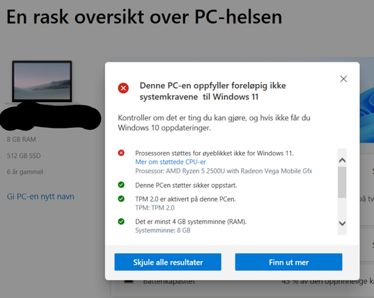 Screenshot from Windows 10 displaying a CPU compatibility issue with upgrading to Windows 11.