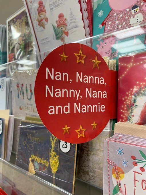 A shelf of named greeting cards. The label reads "Nan, Nanna, Nanny, Nana and Nannie"