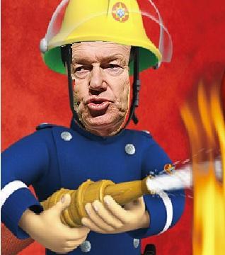 Ansiktet til energiminister Terje Aasland klippet inn i et bilde av Brannmann Sam som slukker brann med en vannslange