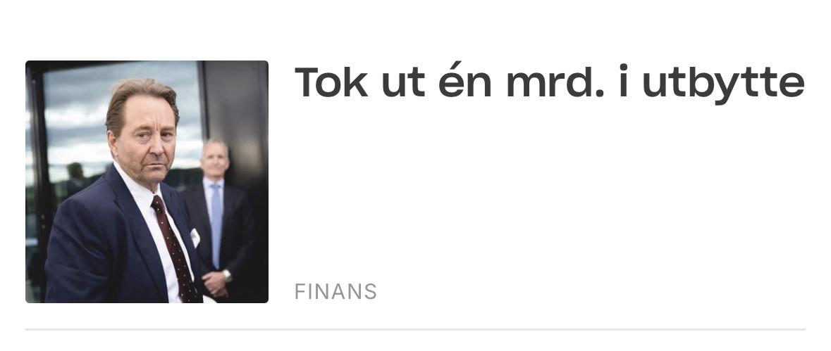 Skjermbilde fra Dagens Næringsliv med overskrift som sier at Røkke har tatt ut en milliard i utbytte.