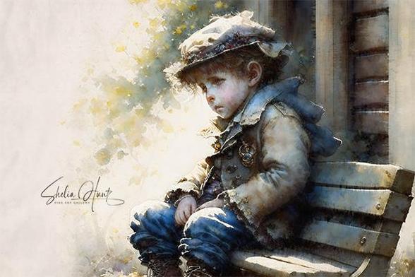 A beautiful impressionistic watercolor of a homeless little boy sitting on a park bench.  Soft colors.  This artwork is from the Fine Art Gallery of Shelia Hunt.