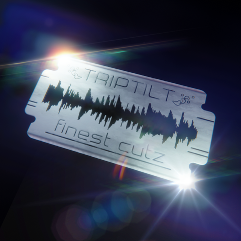 a razor blade with the world triptilt finest cutz written on it and a special audiowave as cutout in the middle.