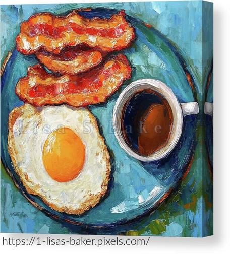 An art print of a egg sunny side up, bacon and a cup of coffee. Art by Lisa S Baker