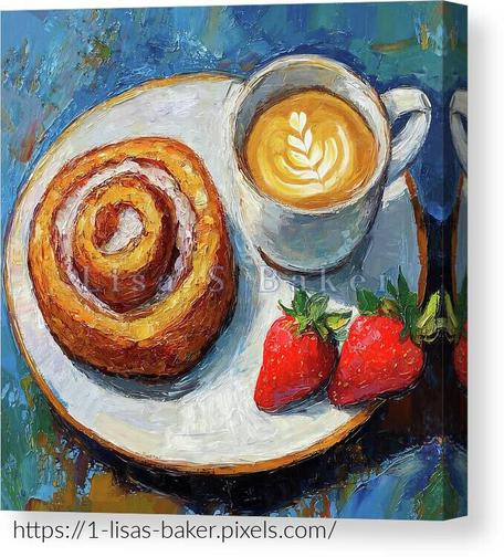 An art print of a cinnamon roll, strawberries, and a cup of coffee. Art by Lisa S Baker.