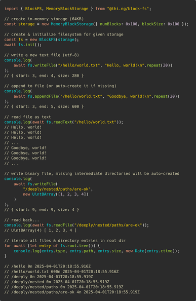 Syntax-highlighted TypeScript source code from the https://thi.ng/block-fs readme code example...