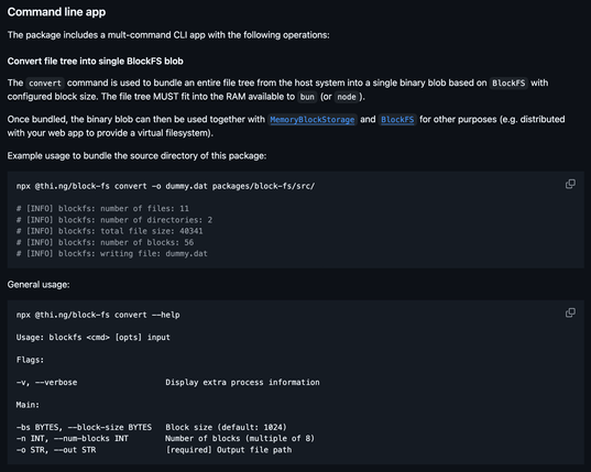Screenshot excerpt from the project readme (link in post) containing information about the CLI wrapper, as well as example usage (here to convert/bundle as filesystem tree)