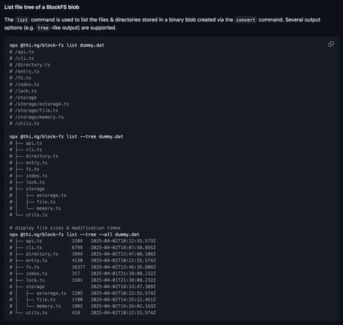 Screenshot excerpt from the project readme (link in post) containing information about the CLI wrapper, as well as example usage (here to list contents of an already bundled filesystem)