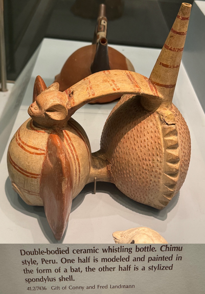 side view of the same vessel, showing the connecting handle between the two halves and better views of the shell half (decorated with raised bumps on body and ridged edges) and spout; gallery label below: “Double-bodied ceramic whistling bottle. Chimu style, Peru. One half is modeled and painted in the form of a bat, the other half is a stylized spondylus shell. 41.2/7436 Gift of Conny and Fred Landmann”