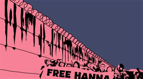 Mehrere gezeichnete Menschen welche einen Banner mit FreeHanna vor sich tragen. Menschen laufen eine Knast Mauer entlang. Farben rosa Schwarz