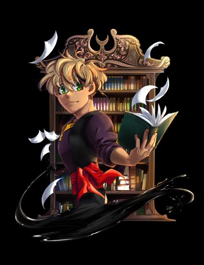 Waist up artwork of a character holding a book out in one hand while some papers fly around in front of a bookcase in the background. A curvy smear of ink lines the bottom of the character.