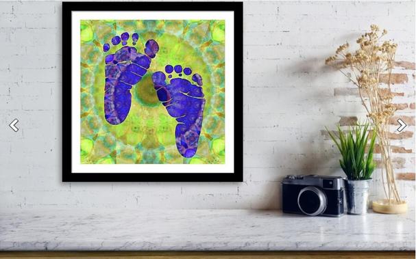 Purple baby feet on green mandala art by artist and poet Sharon Cummings.  Haiku in post.