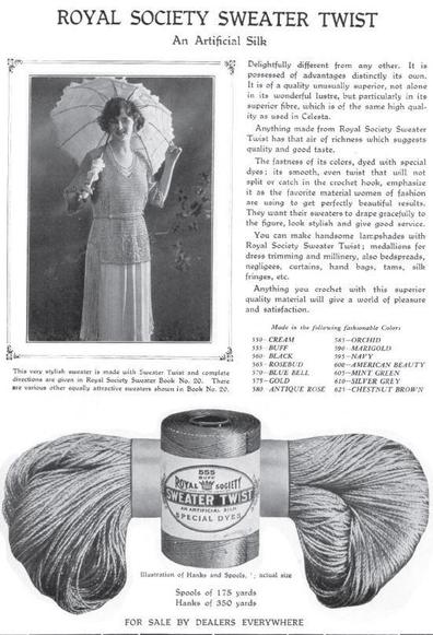 A historic ad for Royal Society Sweater Twist with a photo of the yarn and a women, typically dressed like in the late 1910s. Royal Society was famous for the first "artificial silk" threads, made from Viscose/Rayon. In 1894, viscose was patented in the UK, produced since 1905, the USA followed in 1910. The "more glossy than silk" yarn was the biggest trend at the time of the Titanic.