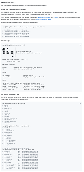 Screenshot excerpt of the https://thi.ng/block-fs readme, showing the section about the command line tool (incl. terminal output). The first example shows how to convert a file tree from the host system into a single binary blob, the second command example shows how to list files/directories from such a blob