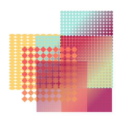 Abstract digital artwork featuring a mosaic of geometric shapes in a warm color palette. The design includes a gradient of circles transitioning from yellow to red, interspersed with diamond patterns in shades of orange and purple. The composition creates a visually dynamic and modern aesthetic, with intricate patterns and a harmonious blend of colors.