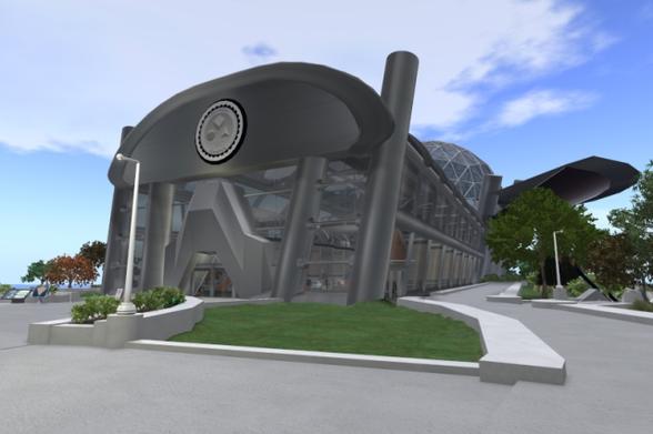 Digital shaded rendering of the main building of the Universal Campus, a downloadable island location for 3-D virtual worlds based on OpenSimulator. The camera position is about three metres or ten feet above the ground. The camera is tilted slightly upward and rotated slightly to the left from the building's longitudinal axis. The futuristic building is over 200 metres long, stretching far into the distance, and its front is about 50 metres wide. Its structure is mostly textured to resemble brushed stainless steel, and almost everything in-between is grey tinted glass. The main entrance of the building in the middle of the front has two pairs of glass doors. They are surrounded by a massive complex geometrical structure, very roughly reminiscent of a vintage video game spacecraft with the front facing upward. Four huge cylindrical pillars carry the roof end, the outer two of which extend beyond it. All are tilted away from the landing area in front of the building and at the same time outward to the sides. The sides of the building are slightly tilted themselves. In the distance, a large geodesic dome rises from the building. There is a large circular area in front of the main entrance as well as several wide paths. They have light concrete textures, and they are lined with low walls with almost white concrete textures. Furthermore, various shrubs and trees decorate the scenery.