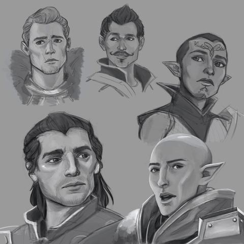 Greyscale portrait sketches of various characters from Dragon Age Inquisition, drawn in Photoshop. The background is a plain mid grey colour. From top-left going clockwise, the characters are: Cullen, Dorian, my custom female Inquisitor Lavellan, Solas, and Blackwall (without his beard). All were referenced from screenshots I took during my playthrough at the time.