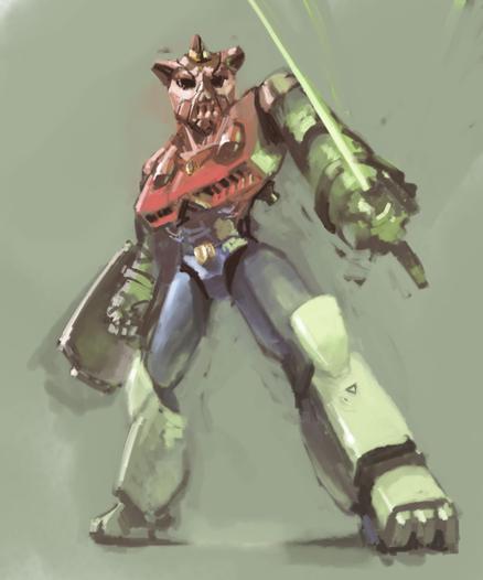 Digital painting of Super robot style mecha holding glowing green sword and shield