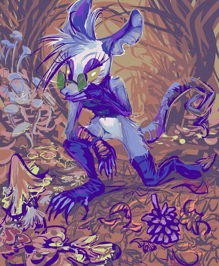 anthropomorphic opossum person kneels in a brown forest, looking at a mushroom, ponderously