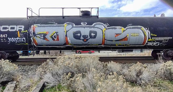 Train car with graffiti rolling through Kamloops BC Canada