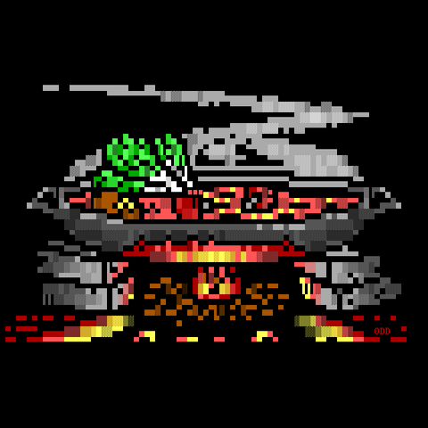 Some gamey hunks of meat simmer in a cooking pot improvised from a shield boiling above a small cookfire along with some vegetables and spices, releasing delicious-smelling steam throughout the dungeon
