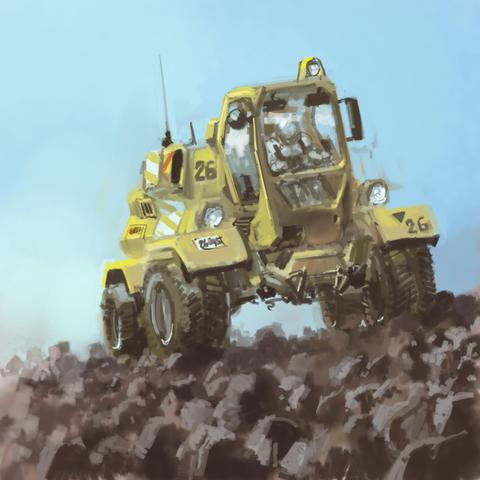Digital painting of sci-fi all terrain wheeled vehicle