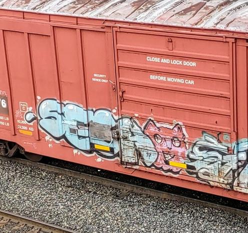 Train car with graffiti rolling through Kamloops BC Canada