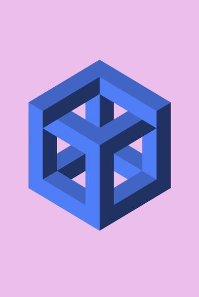 A blue impossible-cube design on a pink background.