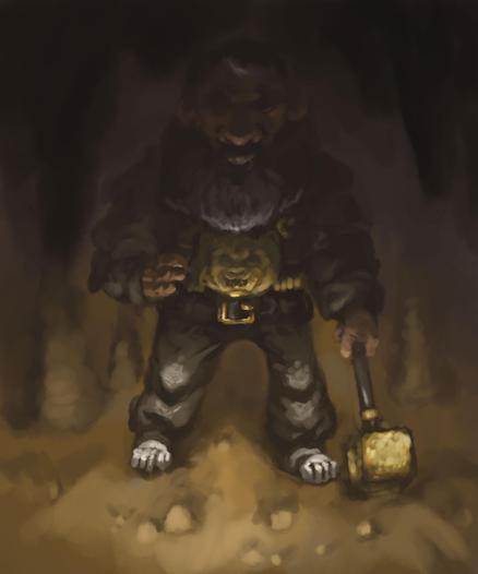 Digital painting of dwarf warrior with hammer, in deep shadow