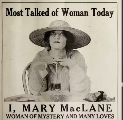 Advertisement for Mary MacLane's film "Men Who Have Made Love to Me," from a 1918 issue of The Moving Picture World.