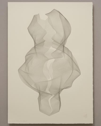 An abstract drawing produced by a robotic pen plotter using a generative algorithm. Thousands of graphite pencil strokes produce a flowing, organic form on cream colored paper.