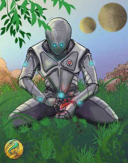 Digital illustration. Android/humanoid robot sitting on grass looking at a beetle that sits on his finger. The character us Isaac from The Orville