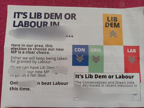 Lib dem flyer. It's Lib Dem or Labour in (constituency). Graph showing tories, greens and Labour down, and lib Dems up.