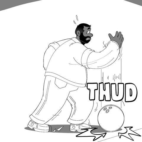 Alex lunges his arm forward. The ball falls out of his hand and hits the floor directly beneath him just short of the lane with a loud "THUD". He quickly looks down at the ball with a shocked expression.