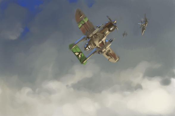 Digital painting of fantasy piston fighter plane, banking towards approaching enemy across cloudy sky