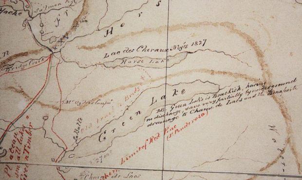 A section of a map that shows the brigade trail which ran through the wilderness between the Fraser River and Kamloops.
