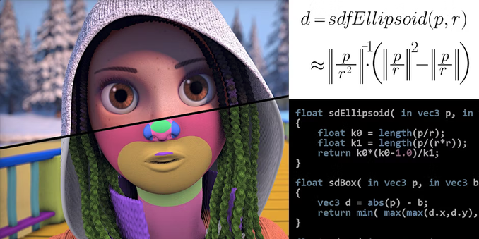 A graphic showing a stylized young woman with braids and a hoodie. Other sections of the image show color-coded regions highlighting the various Signed Distance Fields she is made of, and the math that defines them, written in traditional mathematical notation as well as GLSL code.
