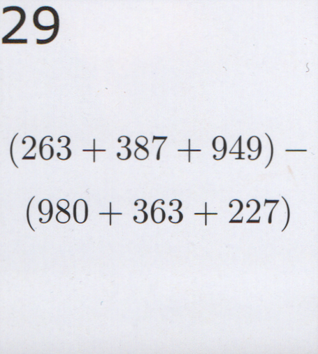 On the top left is the day of the month, 29.  The question reads: What is the sum of 263, 387 and 949 minus the sum of 980, 363 and 227?